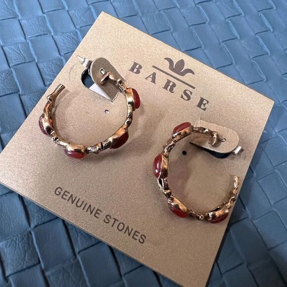 NWT Barse Genuine Stone Carnelian Ope Gold Hoop Earrings #BJER - Picture 6 of 8